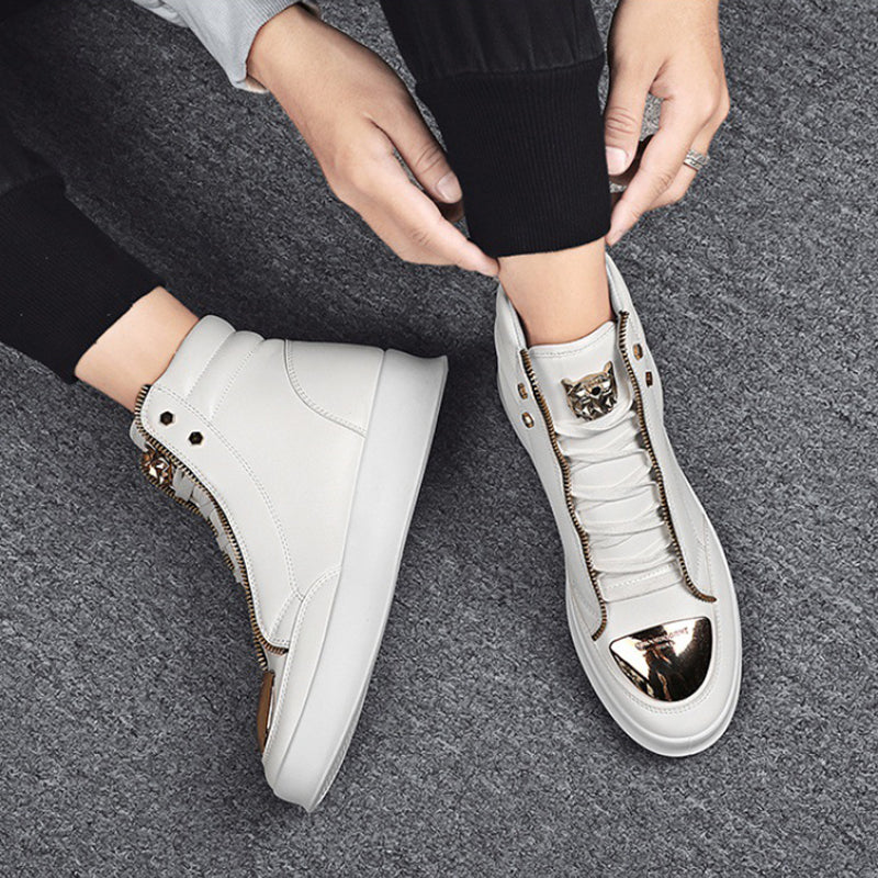 Men's Casual Solid Zipper Metal Decor Lace Up High Top PU Leather Martin Boots 9888555008184