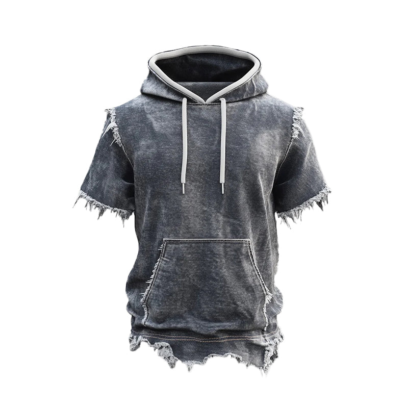 Men's Faded Denim Raw Edge Pocket Short Sleeve Drawstring Hoodie 9913235308728