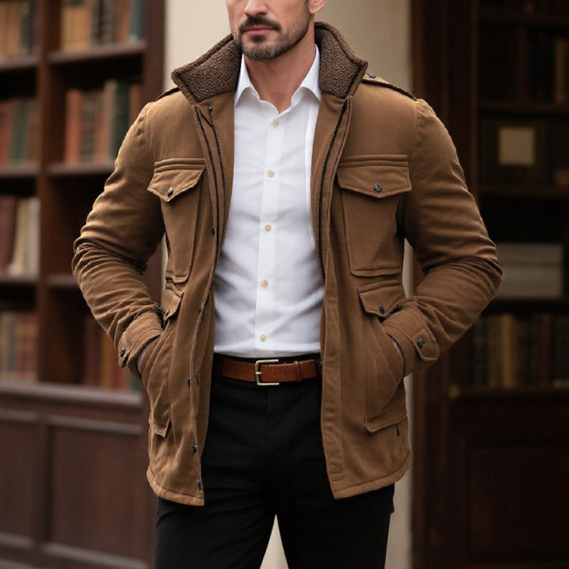 Men's Vintage Suede Fleece Collar Patchwork Multi-Pocket Zipper Coat 9261101252792