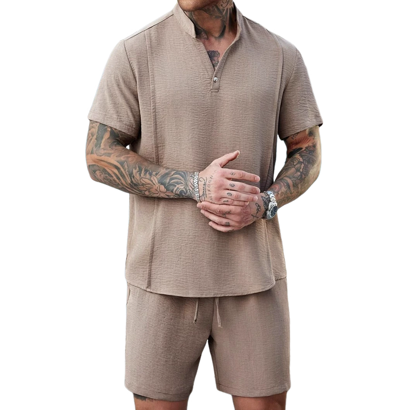 Men's Fashion Solid Stand Collar Short Sleeve Shirt Shorts Casual Set 9922015658168
