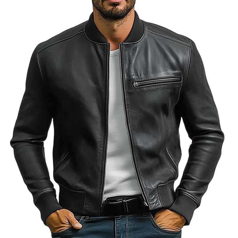 Men's Spring and Autumn Pure Black PU Leather Jacket 9940335820984