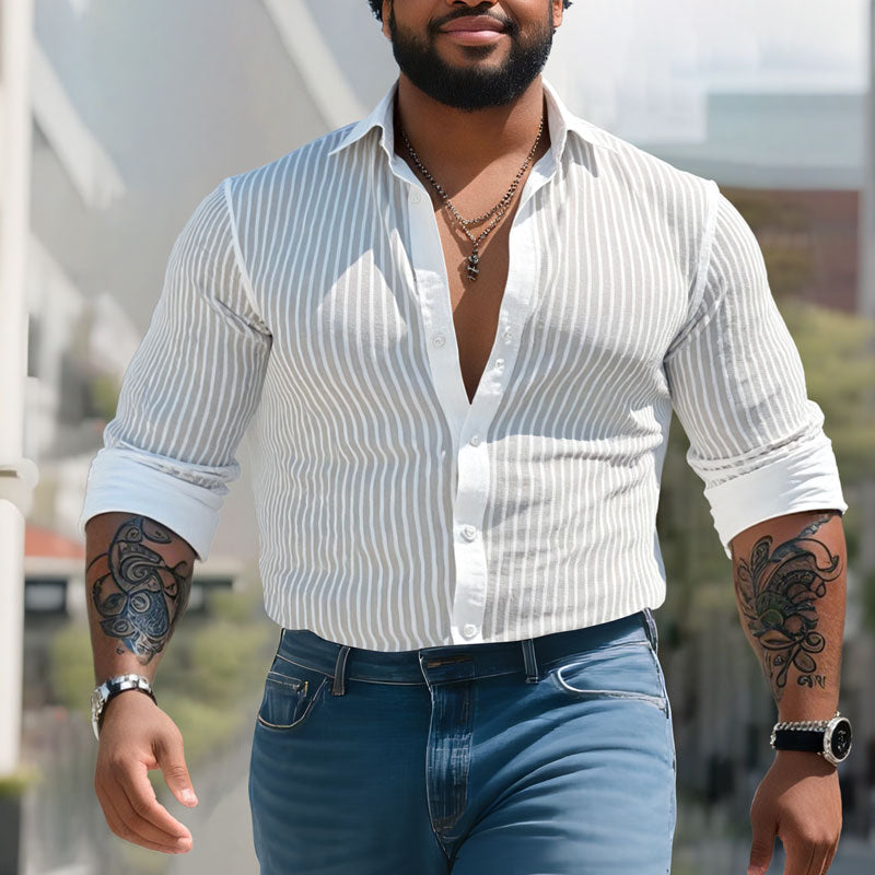 Men's Solid Color Striped Lapel Long Sleeve Shirt 9261775323320