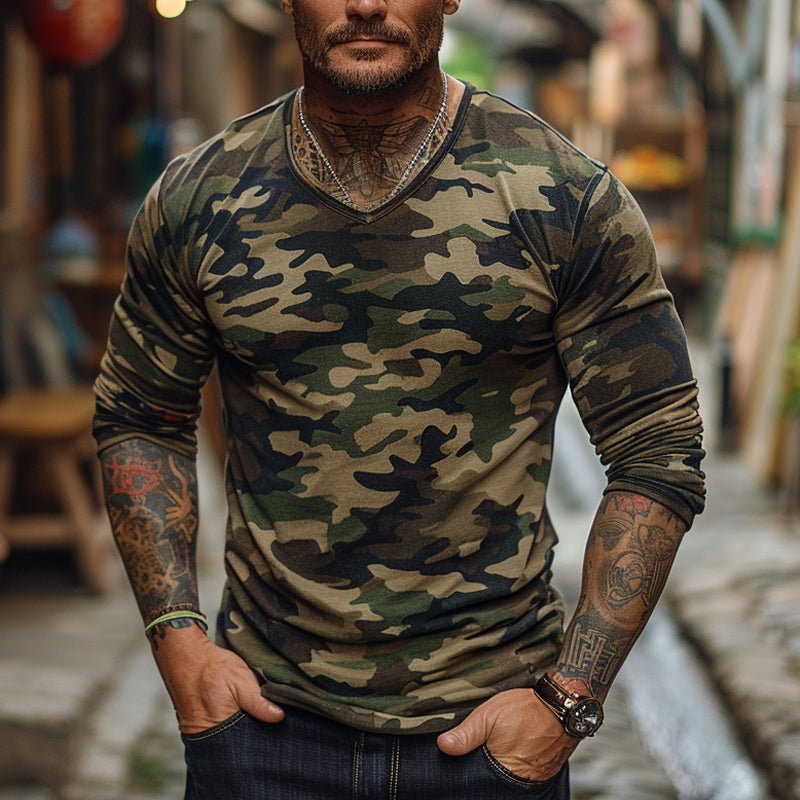 Men's Outdoor Camouflage Print V-neck Long-sleeved T-shirt 9894193070264