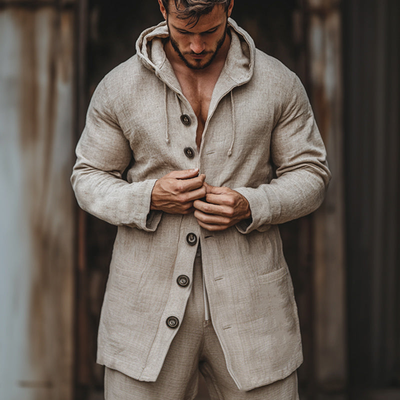 Men's Casual Cotton and Linen Button Hooded Coat 9905396154552