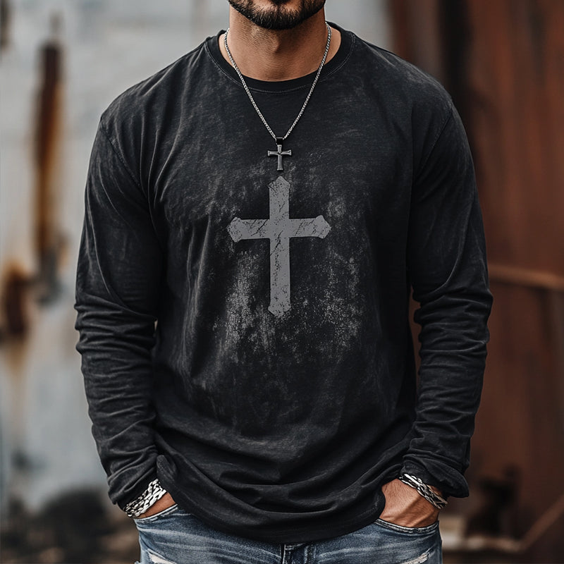 Men's Retro Casual Cross Printed Round Neck Long Sleeve T-Shirt 9903251128504