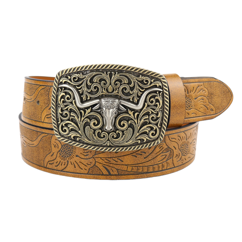Men's Vintage Engraved Western Cowboy Leather Belt 9893976735928