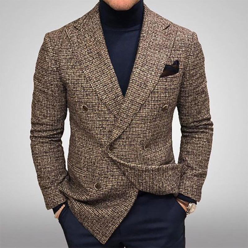 Business Plaid Notched Collar Button Pocket Long Sleeve Blazer 9888554713272