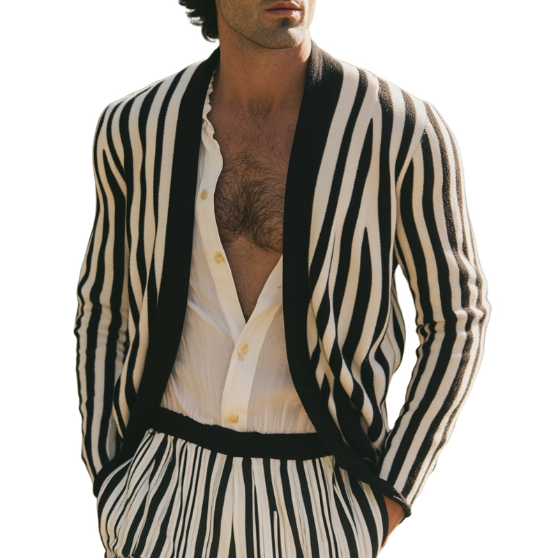 Men's Black and White Vertical Striped Casual Knitted Cardigan 9905396678840