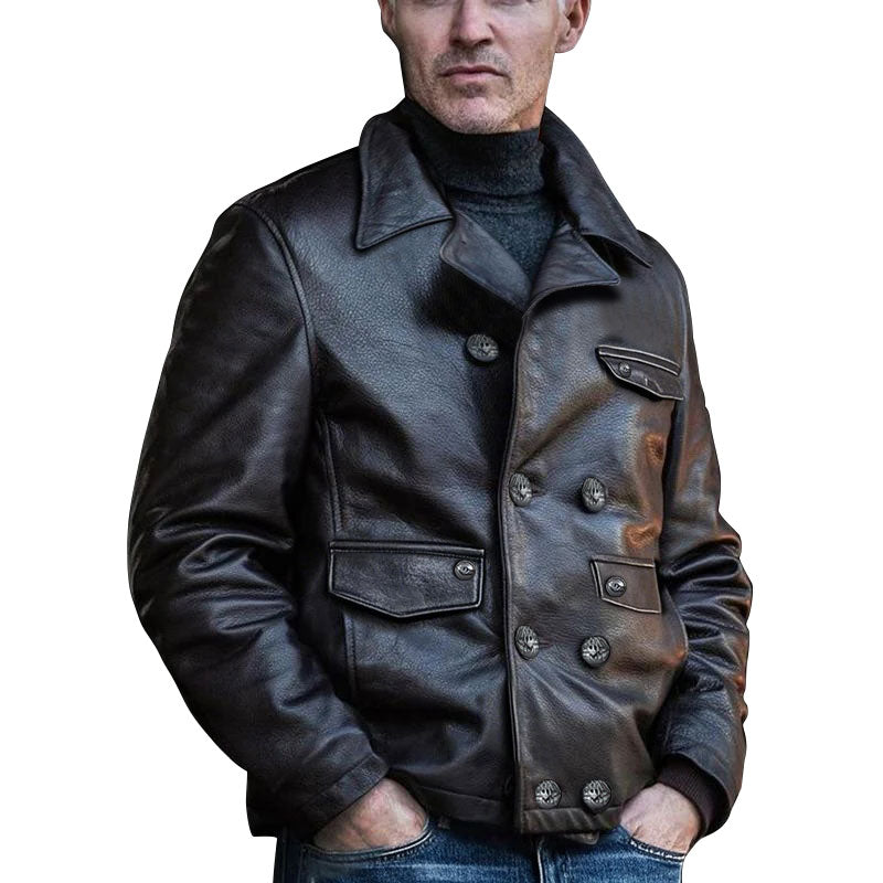 Men's Double Breasted Notched Lapel Leather Jacket 9873140252856