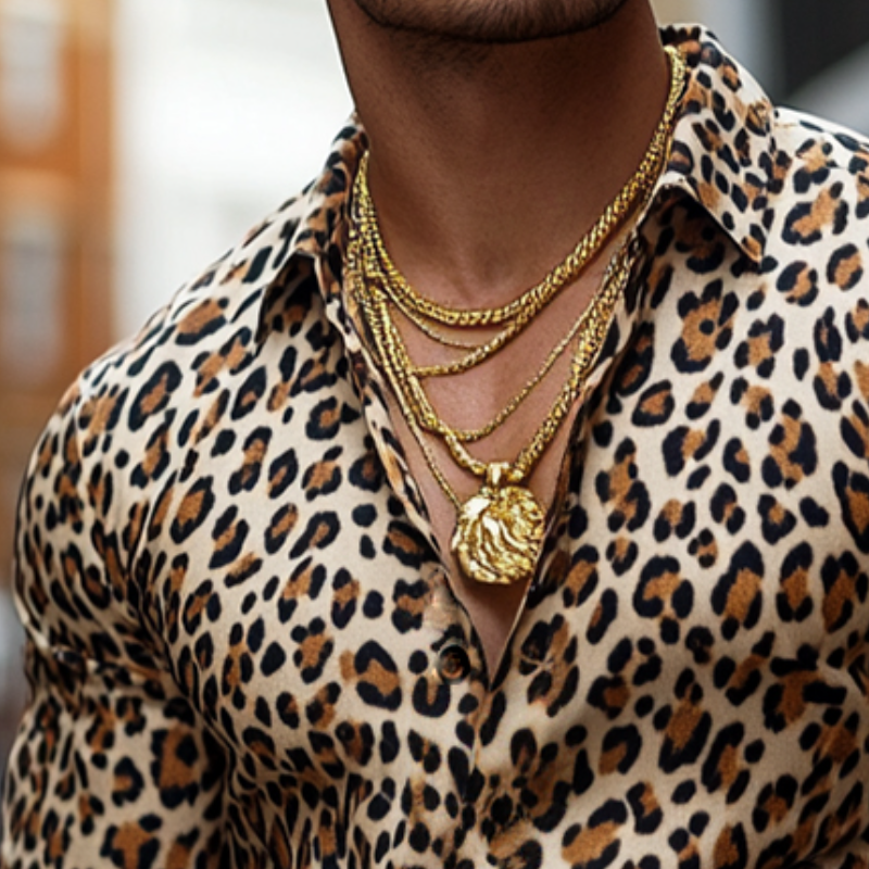 Men's Retro Casual Leopard Print Lapel Long Sleeve Shirt 9905397924024