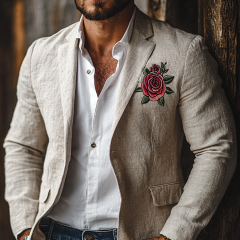 Men's Casual Rose Embroidery Single Breasted Linen Blazer 9892392140984