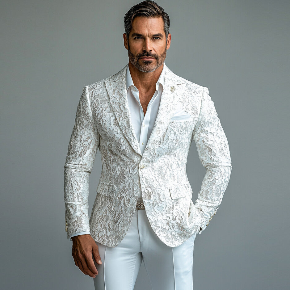Men's Lace Floral Peak Lapel One Button Long Sleeve Blazer 9903587033272