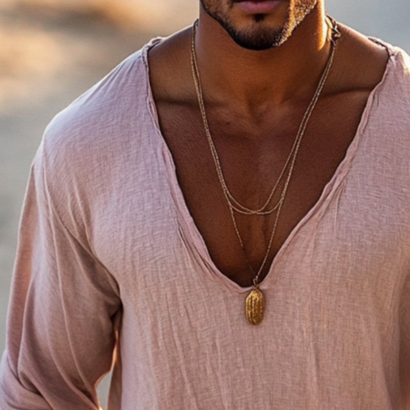 Men's Retro Casual Cotton and Linen V-neck Long Sleeve Shirt 9905397694648