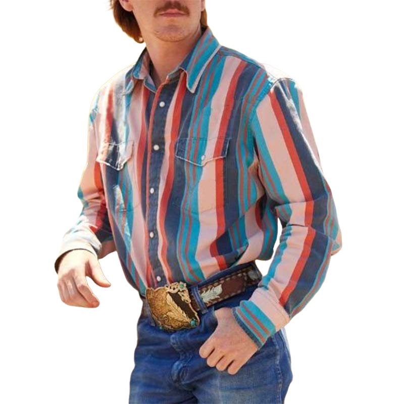 Men's Retro Casual Western Style Vertical Striped Long Sleeve Shirt 9903260893368