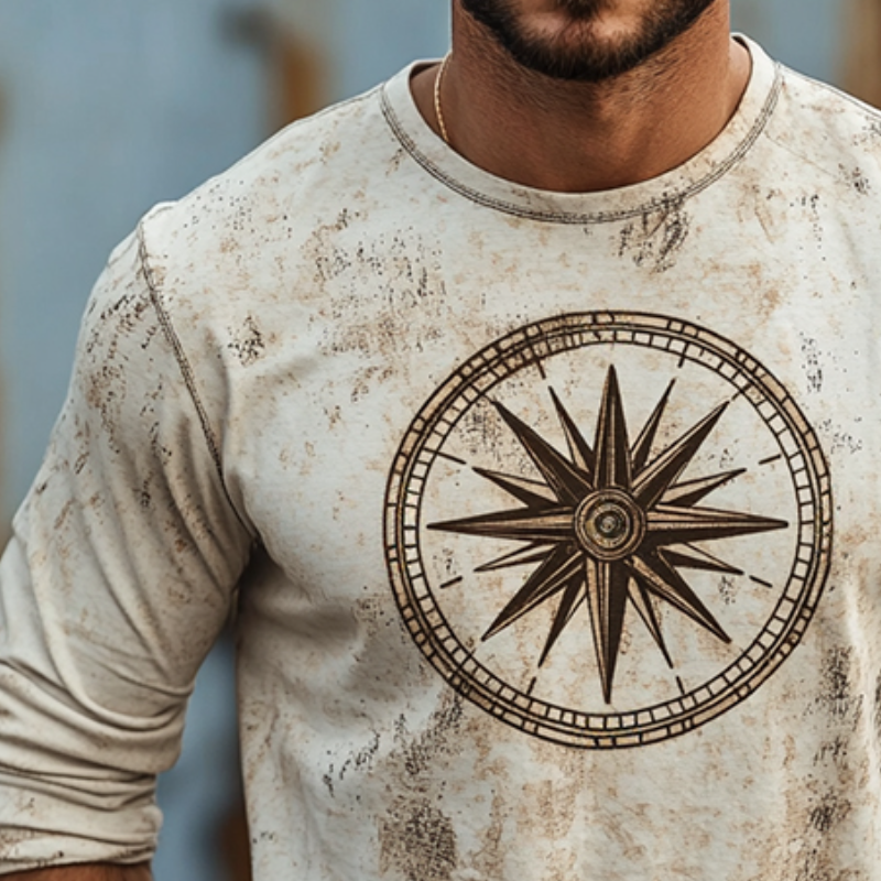 Men's Retro Casual Nautical Compass Printed Round Neck Long Sleeve T-Shirt 9911546183864