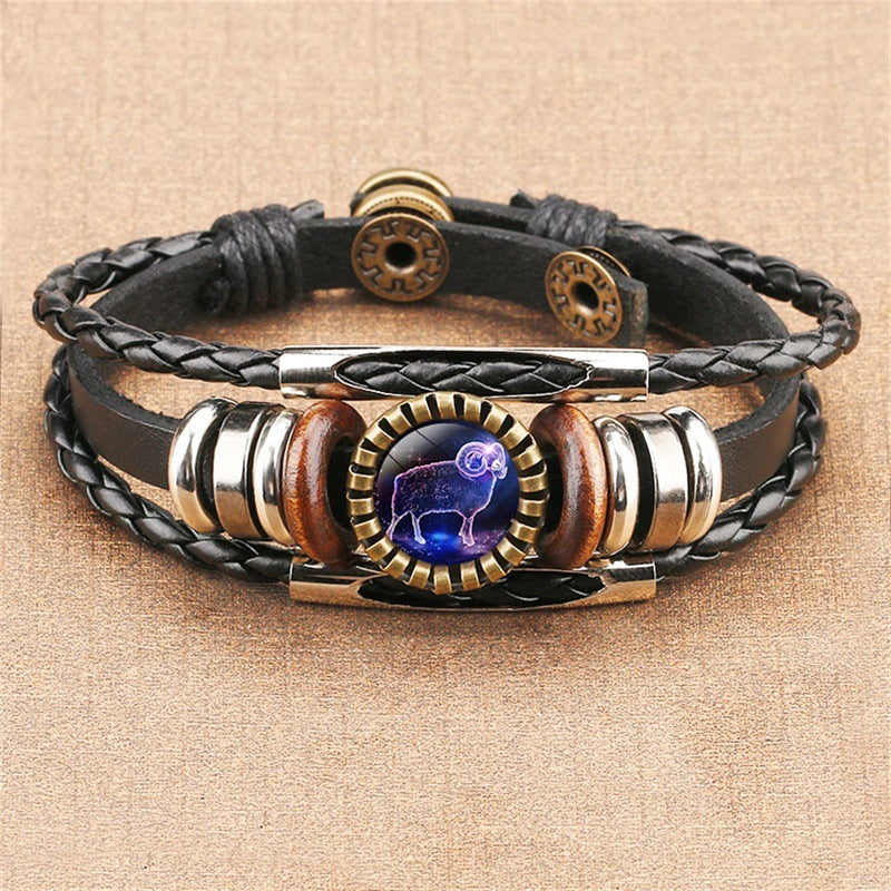 Vintage Twelve Constellations Multilayer PU Leather Bracelet 9888556613816