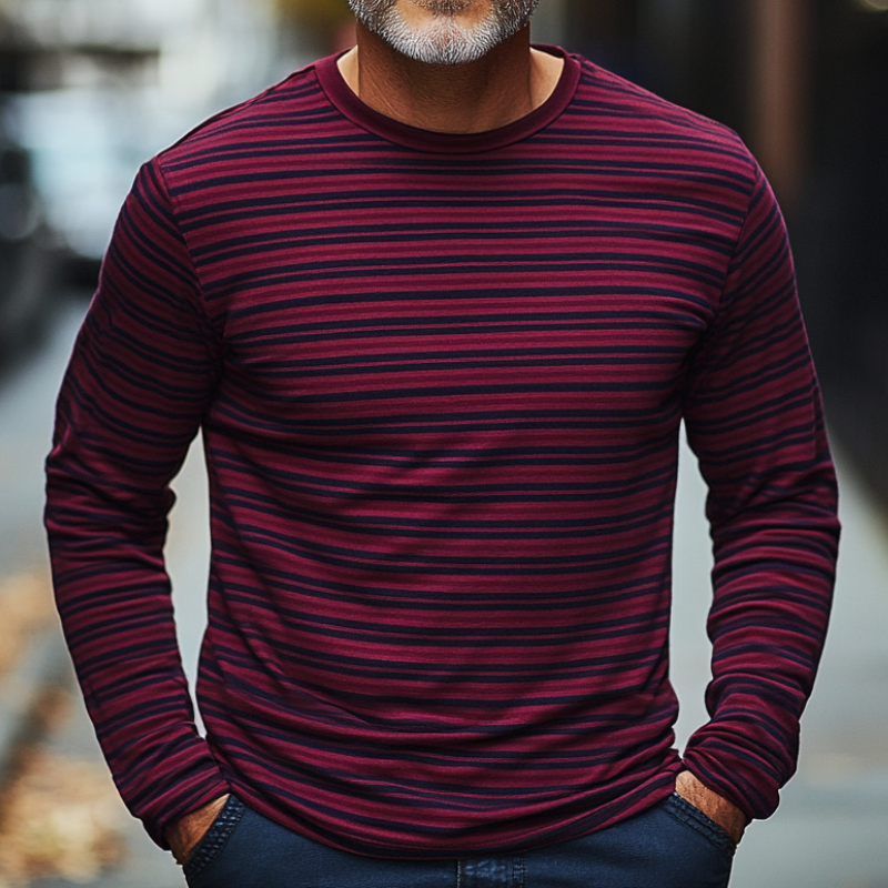 Men's Burgundy Striped Round Neck Long Sleeve T-Shirt 9891529162936