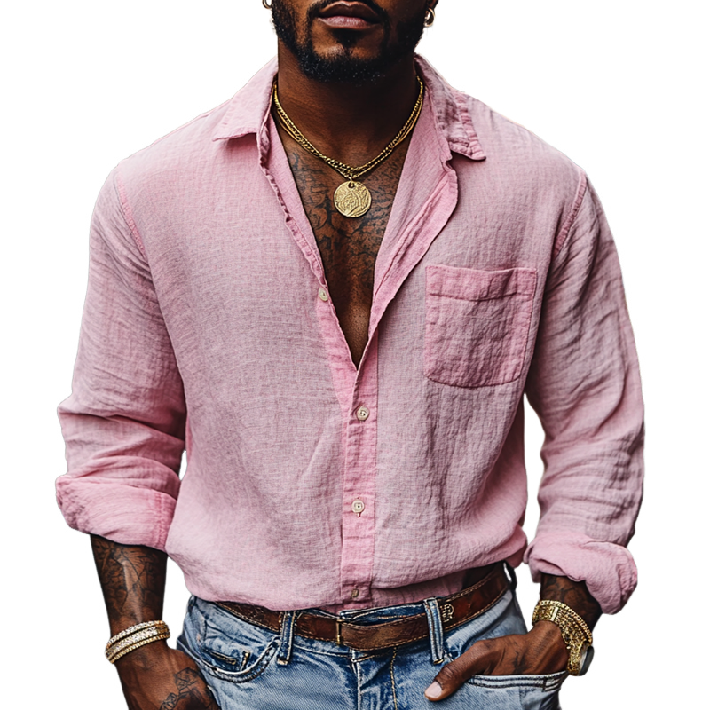 Men's Solid Color Cotton And Linen Lapel Long Sleeve Casual Shirt 9903260434616