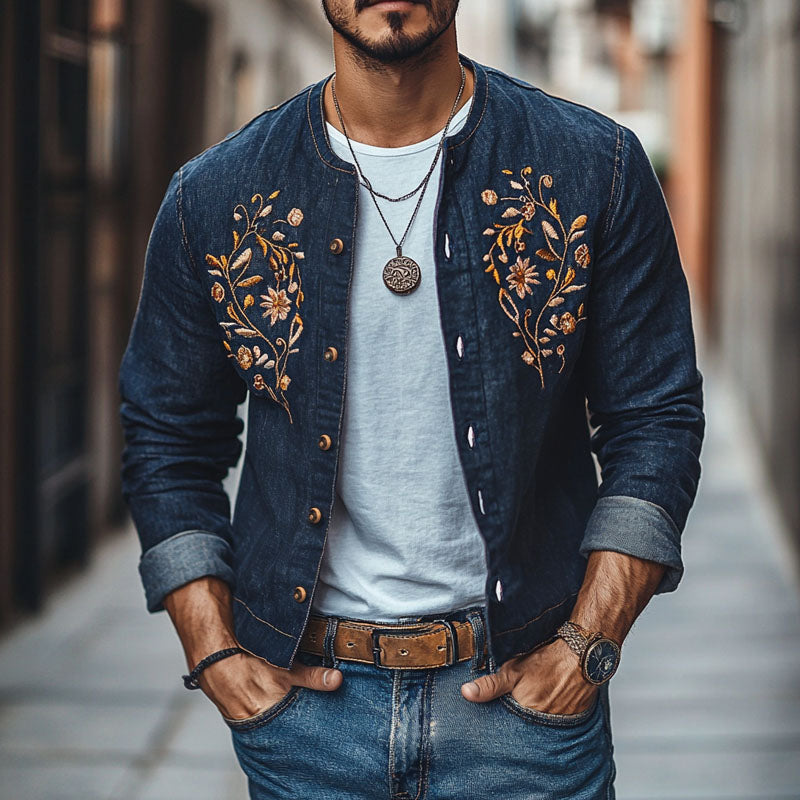Men's Vintage Crew Neck Embroidered Single Breasted Slim Fit Denim Jacket 9892386275512