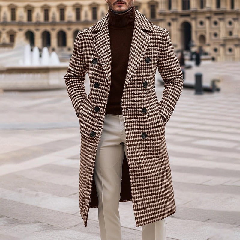 Men's Fashion Retro Houndstooth Double Breasted Long Coat 9888736575672
