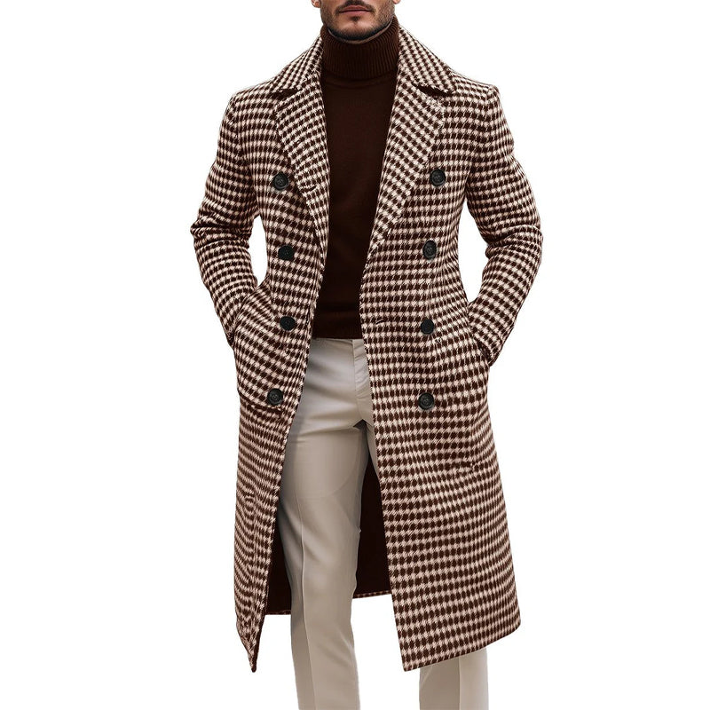 Men's Fashion Retro Houndstooth Double Breasted Long Coat 9888736575672