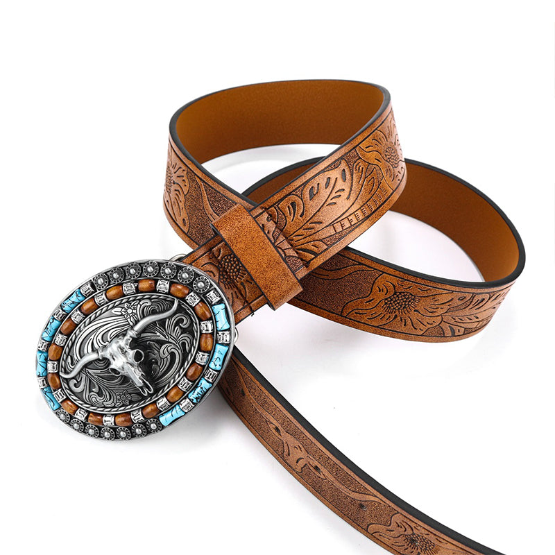 Men's Vintage Western Cow Head Leather Belt 9891529064632