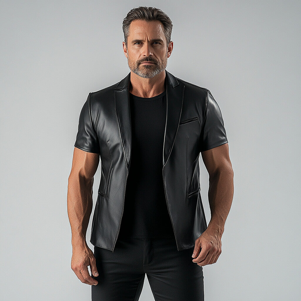 Men's PU Leather Solid Lapel Collar Short Sleeve Blazer 9899607163064