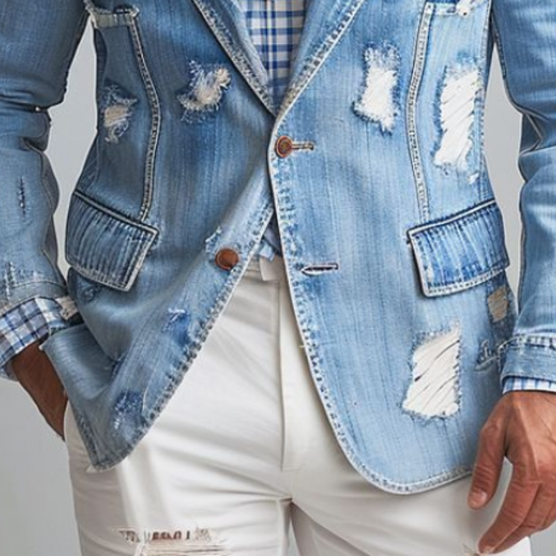 Men's Fashion Retro Casual Washed Denim Ripped Single Breasted Blazer 9918991073464
