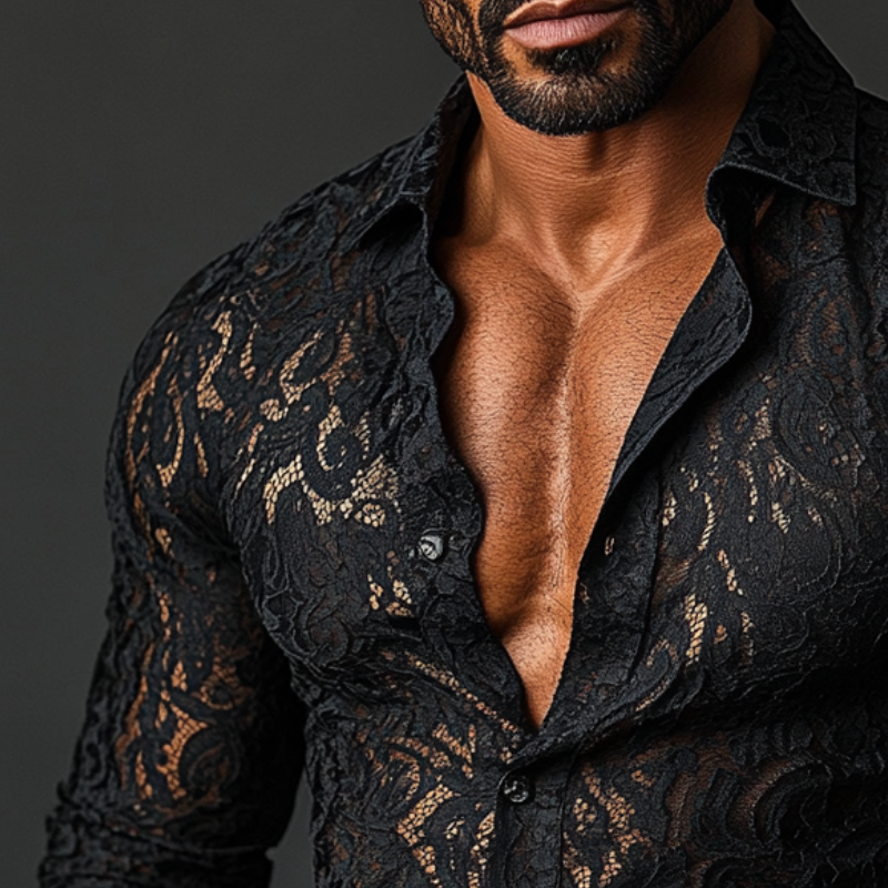 Men's Fashion Lace Slim Fit Lapel Long Sleeve Shirt 9894195822776