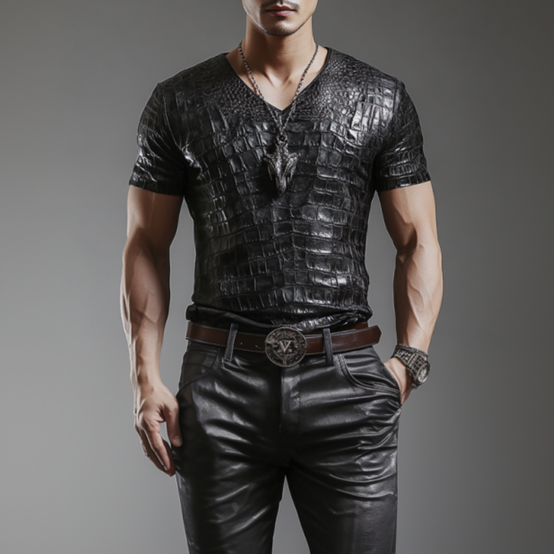 Men's Retro Fashion Slim Fit V-Neck Textured Leather Short Sleeve T-Shirt 9899713822904