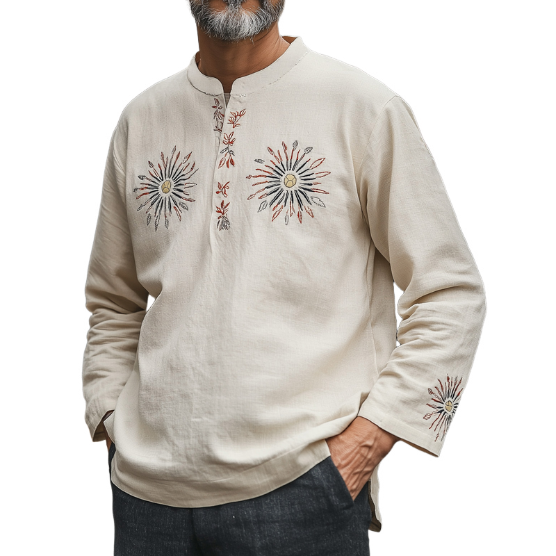 Men's Vintage Casual Cotton and Linen Blended Embroidered V-Neck Long Sleeve T-Shirt 9911545856184