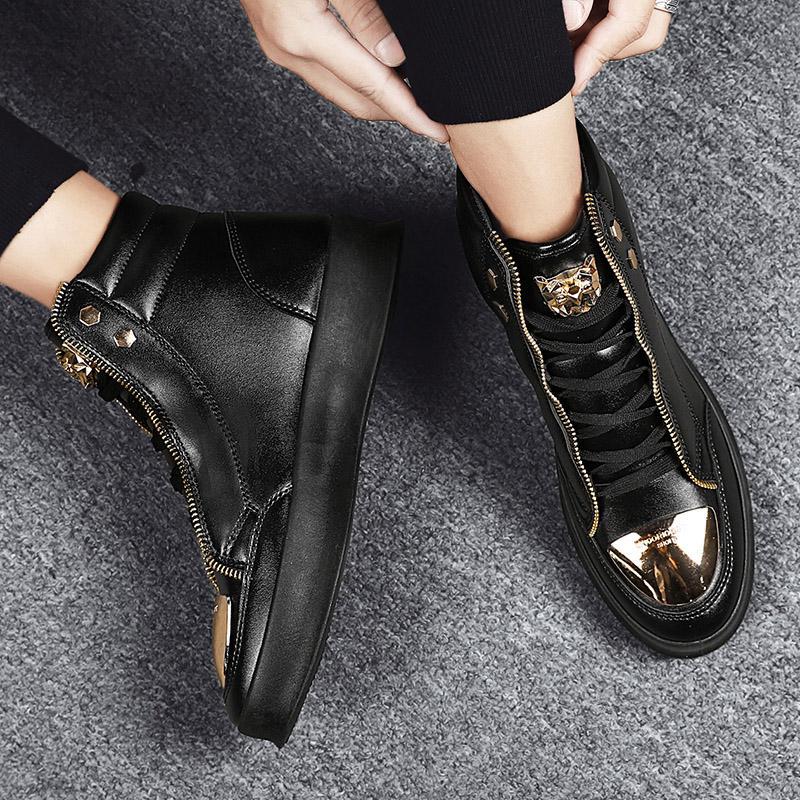Men's Casual Solid Zipper Metal Decor Lace Up High Top PU Leather Martin Boots 9888555008184