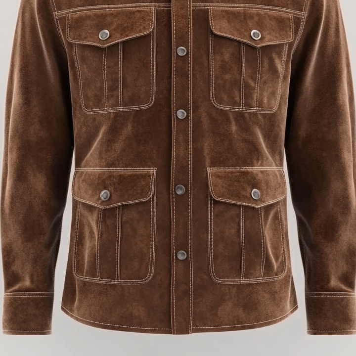 Men's Suede Single Breasted Flap Pocket Long Sleeve Safari Shirt 9913235407032