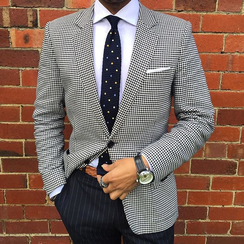Men's Business Houndstooth Pattern Button Notch Lapel Blazer 9888556023992