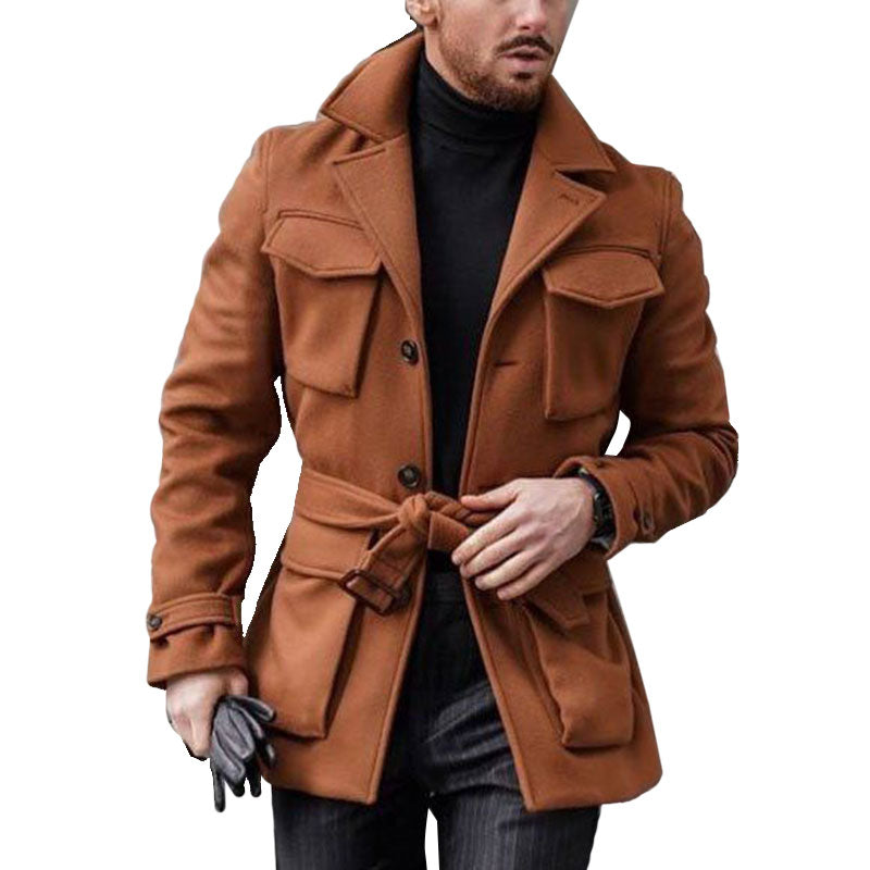 Men's Wool Blends Business Lapel Belted Overcoat Winter Casual Peacoat Jacket 9885797122232