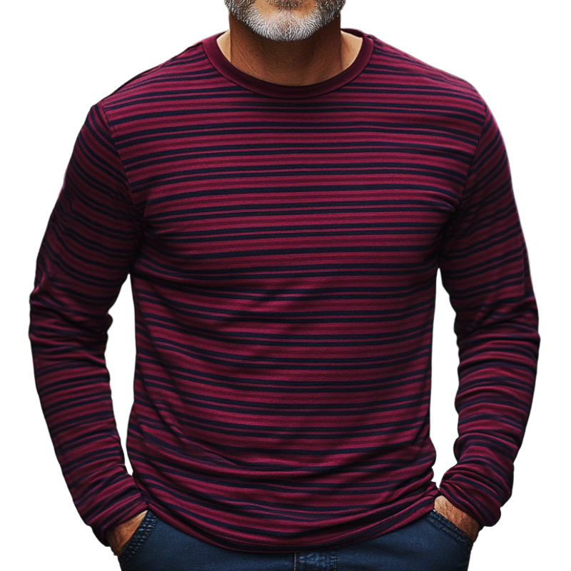 Men's Burgundy Striped Round Neck Long Sleeve T-Shirt 9891529162936