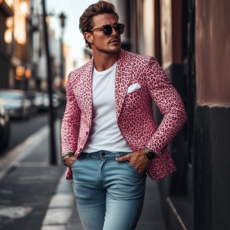 Men's Fashion Spring Summer Leopard Print Slim Fit Single Breasted Blazer 9911545495736