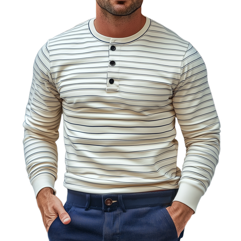Men's Fashion Striped Henley Collar Long Sleeve T-shirt 9890060402872