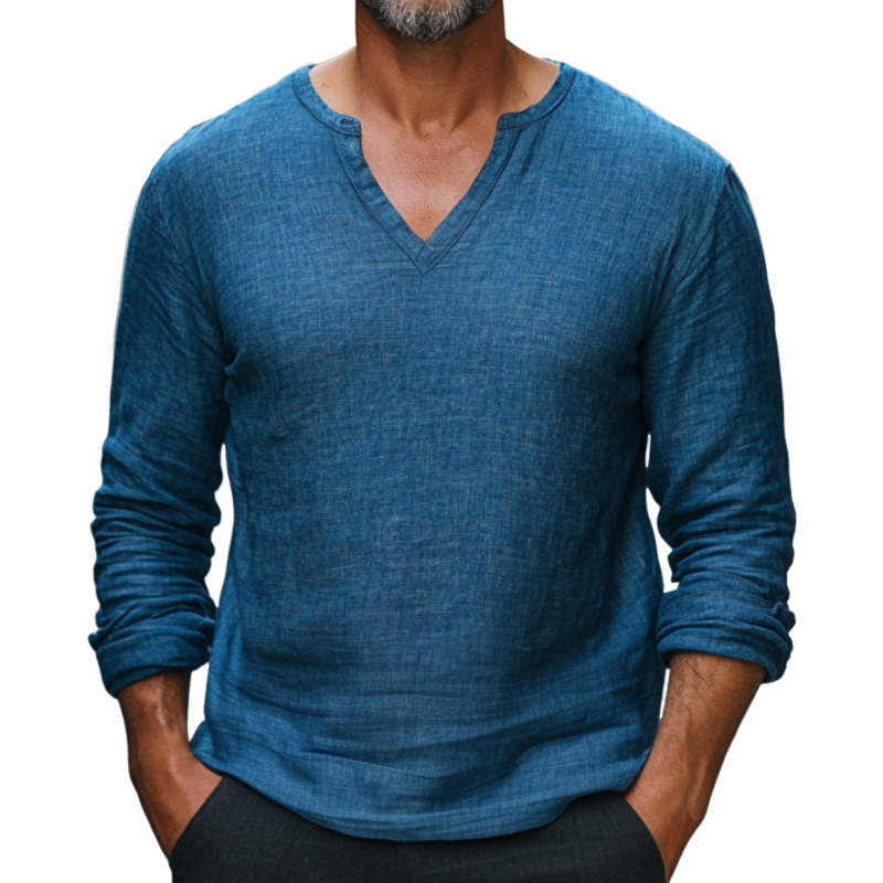 Men's Casual V-neck Solid Color Linen Long Sleeve T-shirt 9892392566968