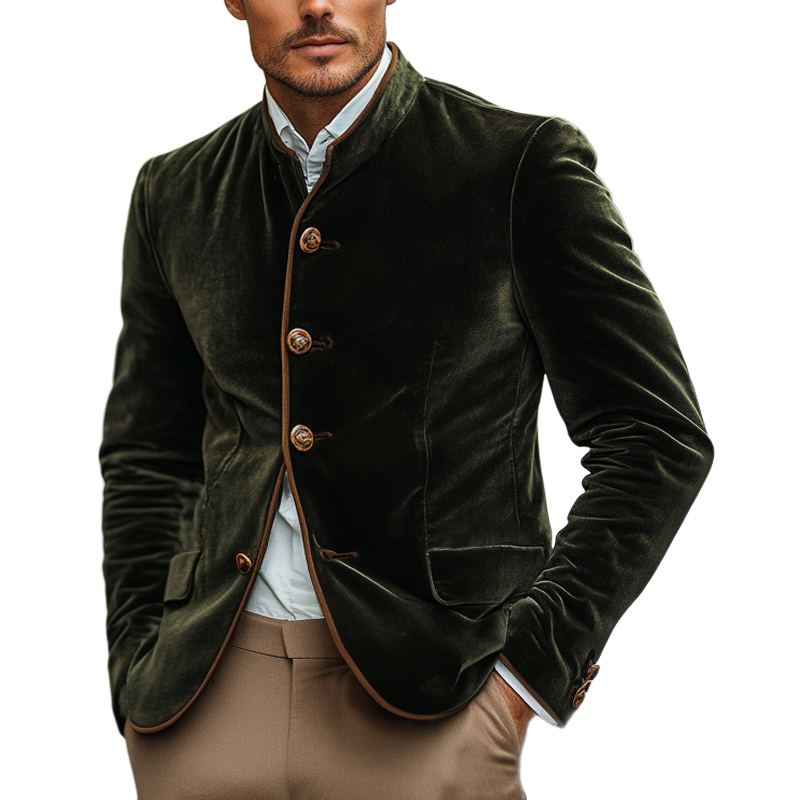 Men's Vintage Green Velvet Stand Collar Slim Jacket 9912946917560
