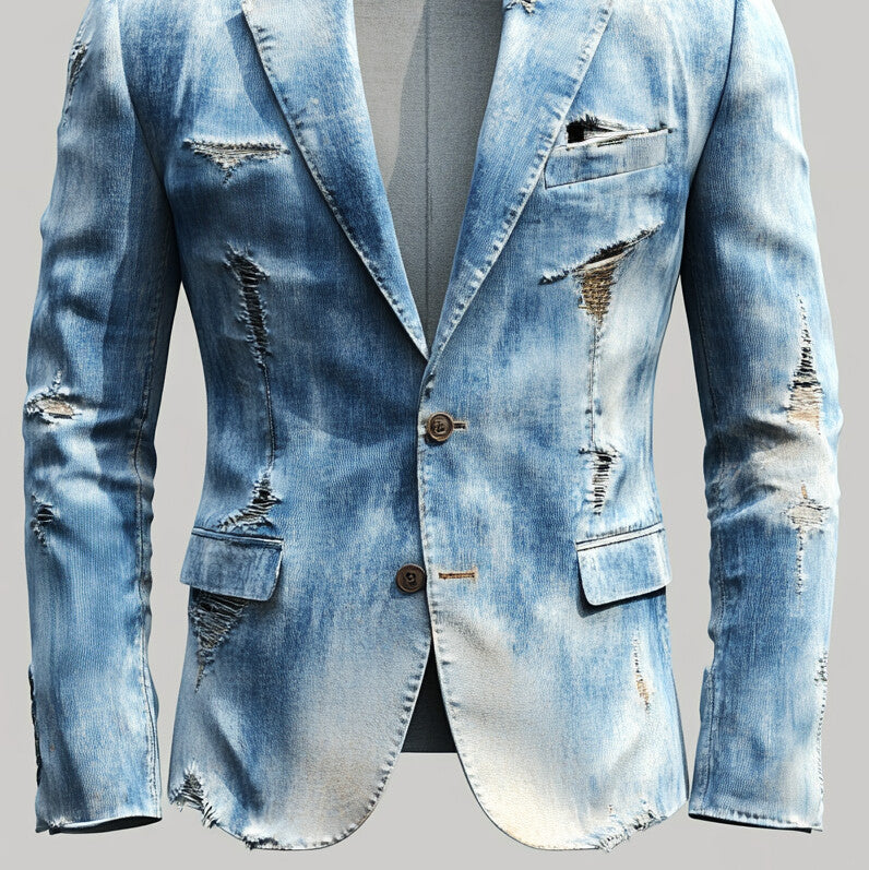 Men's Notch Lapel Long Sleeve Two Button Ripped Denim Blazer 9951402000568
