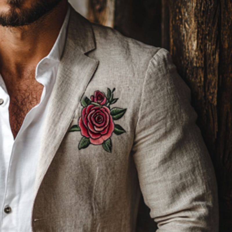 Men's Casual Rose Embroidery Single Breasted Linen Blazer 9892392140984