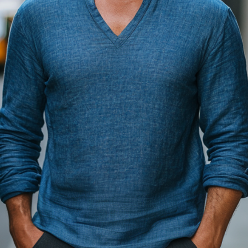 Men's Casual V-neck Solid Color Linen Long Sleeve T-shirt 9892392566968