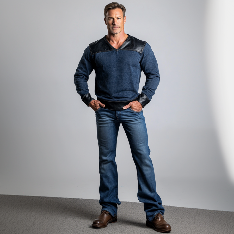 Men's Denim PU Leather Patchwork V Neck Long Sleeve Sweatshirt 9906596839608