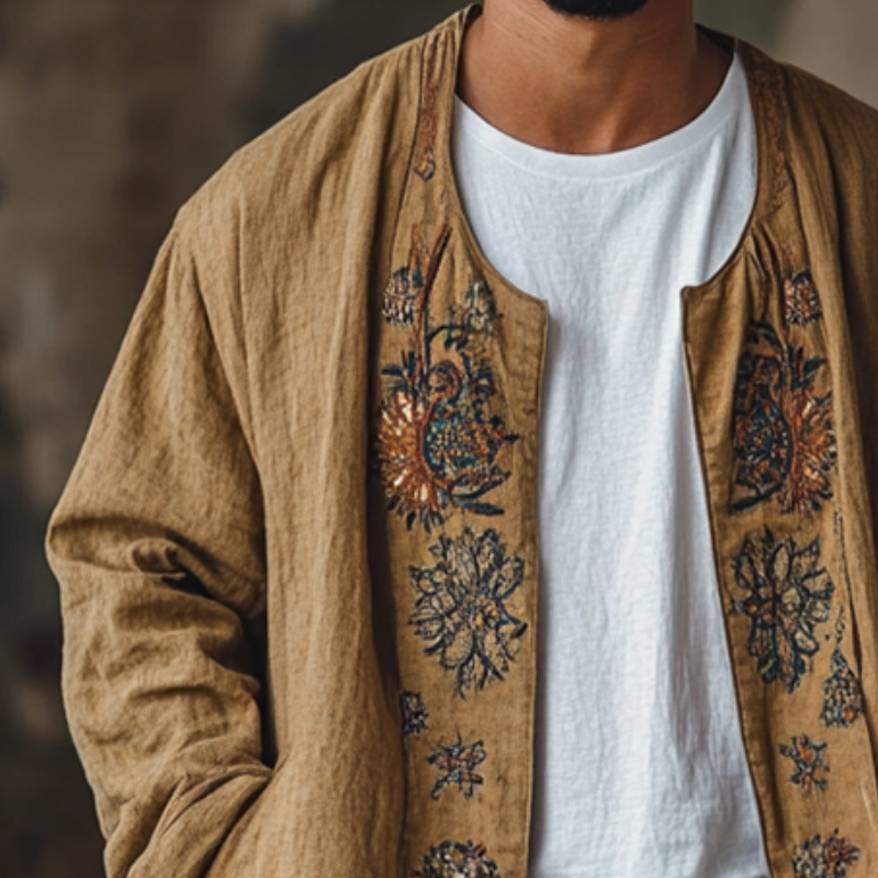 Men's Vintage Casual Embroidered Linen Round Neck Single Breasted Jacket 9901325877432