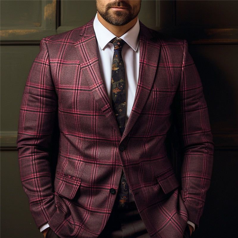 Men's Business Casual Plaid Lapel Collar Two Button Chest Pocket Blazer 9888555270328