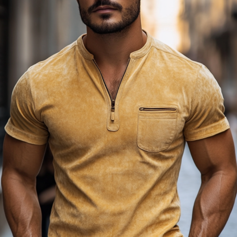 Men's Classic Casual Slim Fit V-Neck Zipper Pocket Suede Short Sleeve T-Shirt 9903595684024