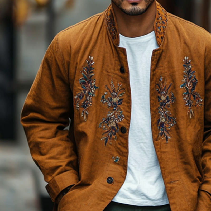 Men's Vintage Casual Embroidered Linen Stand Collar Single Breasted Jacket 9901325549752