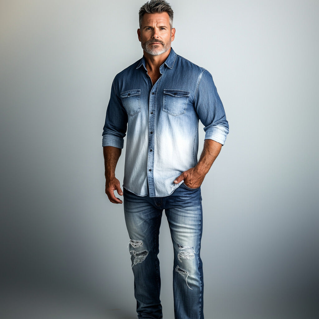 Men's Ombre Pattern Button Long Sleeve Denim Shirt 9899607359672