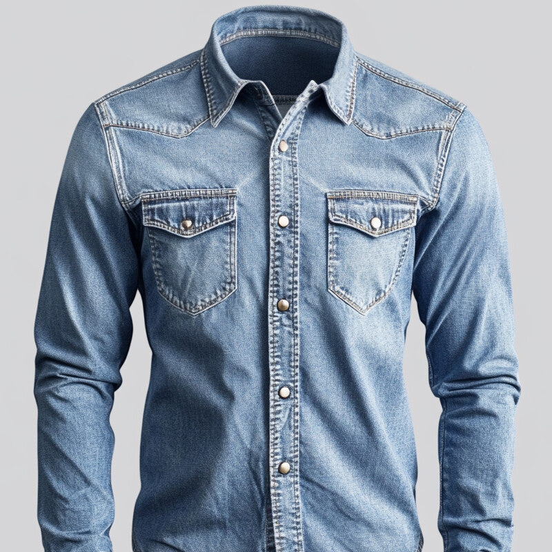 Men's Turndown Collar Metal Button Denim Long Sleeve Shirt 9917068869816
